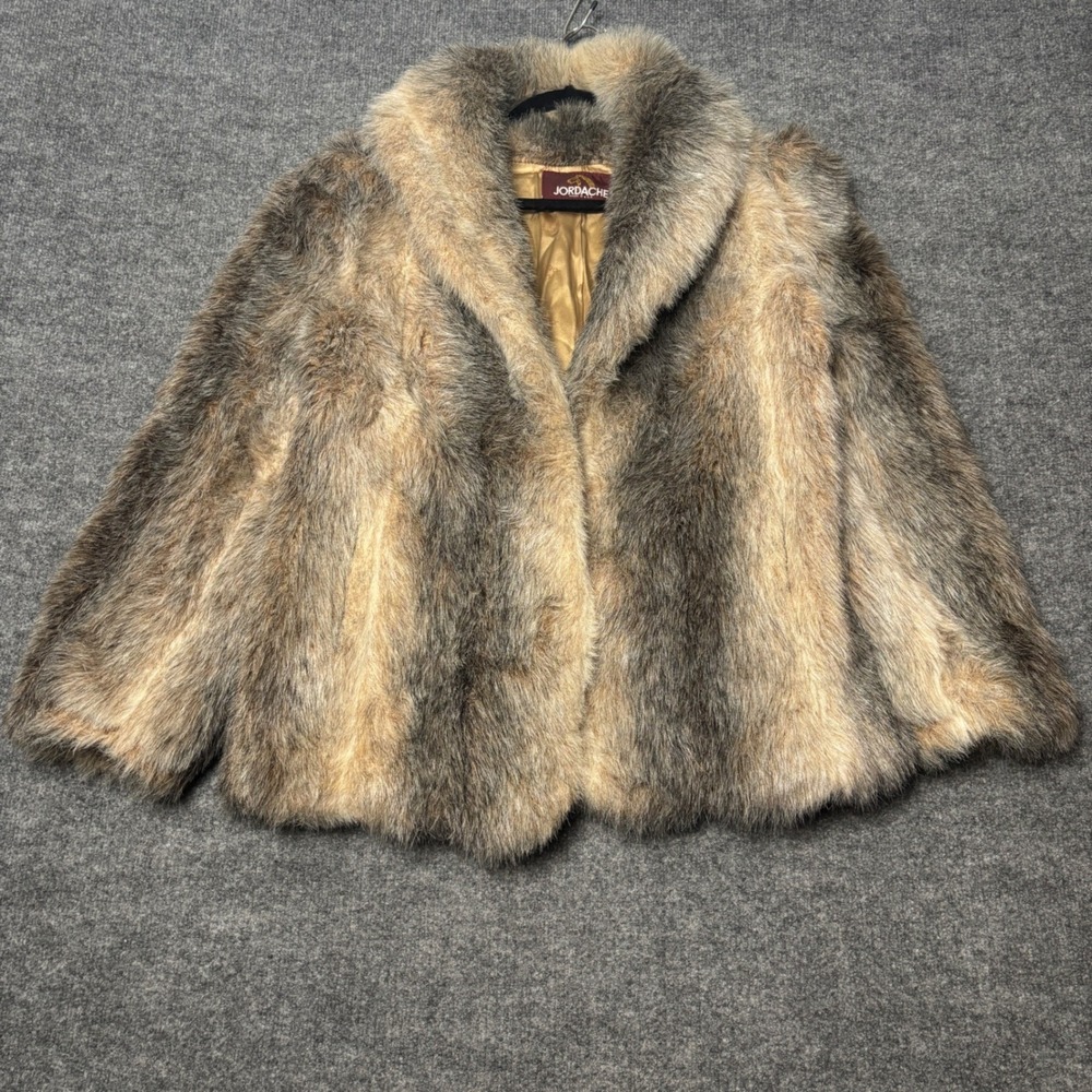 Vintage Jordache Faux Fur Coat Womens L Brown Shawl Collar Made in USA Glam